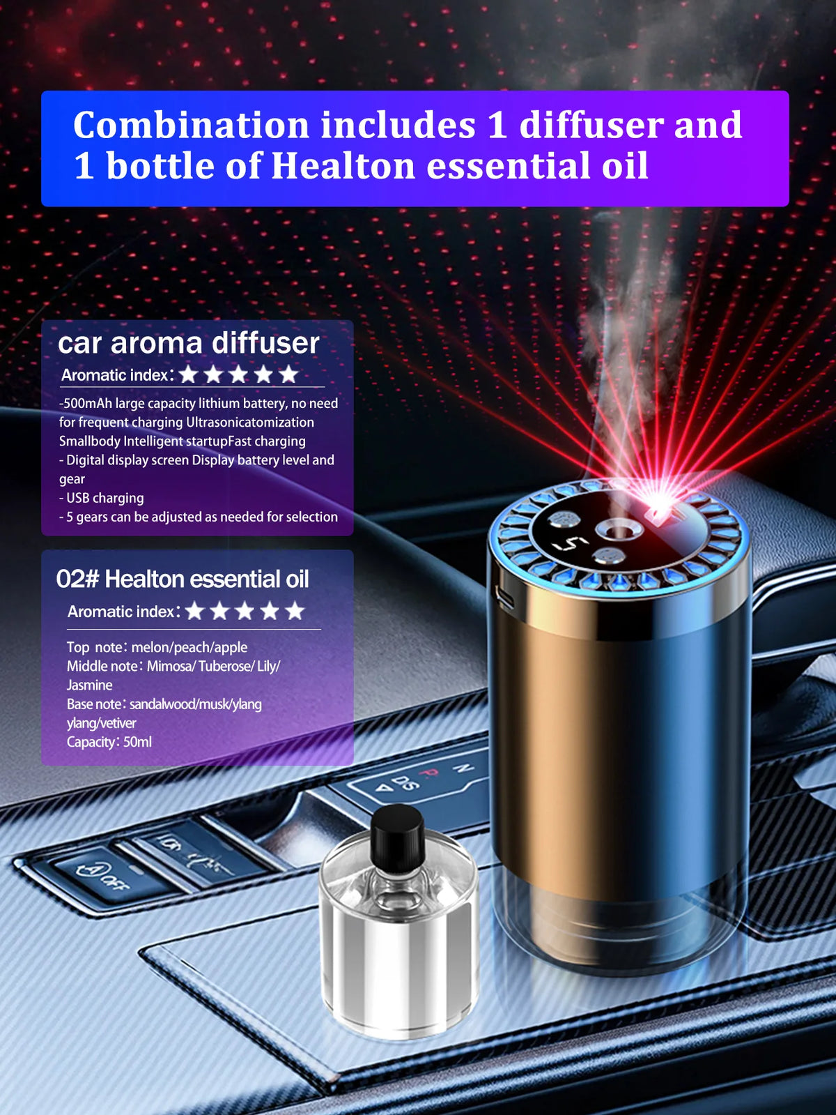 Difusor de aroma de coche recargable, aceite esencial aromático, luces coloridas, luces románticas de cielo estrellado, regalo de dormitorio