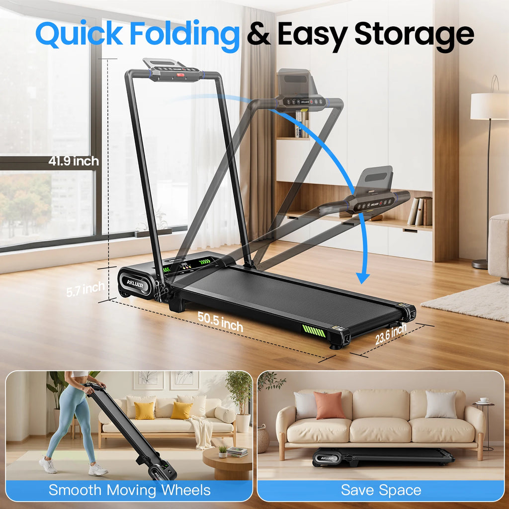 Caminadora Plegable AKLUER con Inclinación Automática de 6 Niveles, 6 en 1 para Debajo del Escritorio, 2.5HP, Capacidad de 330LBS, Pantalla LED y Control Remoto, para el Hogar
