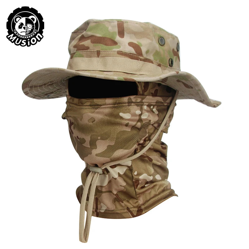Conjunto de gorro de pescador con ala ancha y pasamontañas de camuflaje Musion para hombre, gorra tipo boonie para exteriores, sombrero de protección solar para pesca