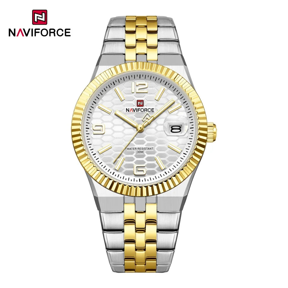 Reloj NAVIFORCE para hombre, de negocios, con esfera redonda, acero inoxidable, textura de panal, fecha, manecillas luminosas, cuarzo resistente al agua