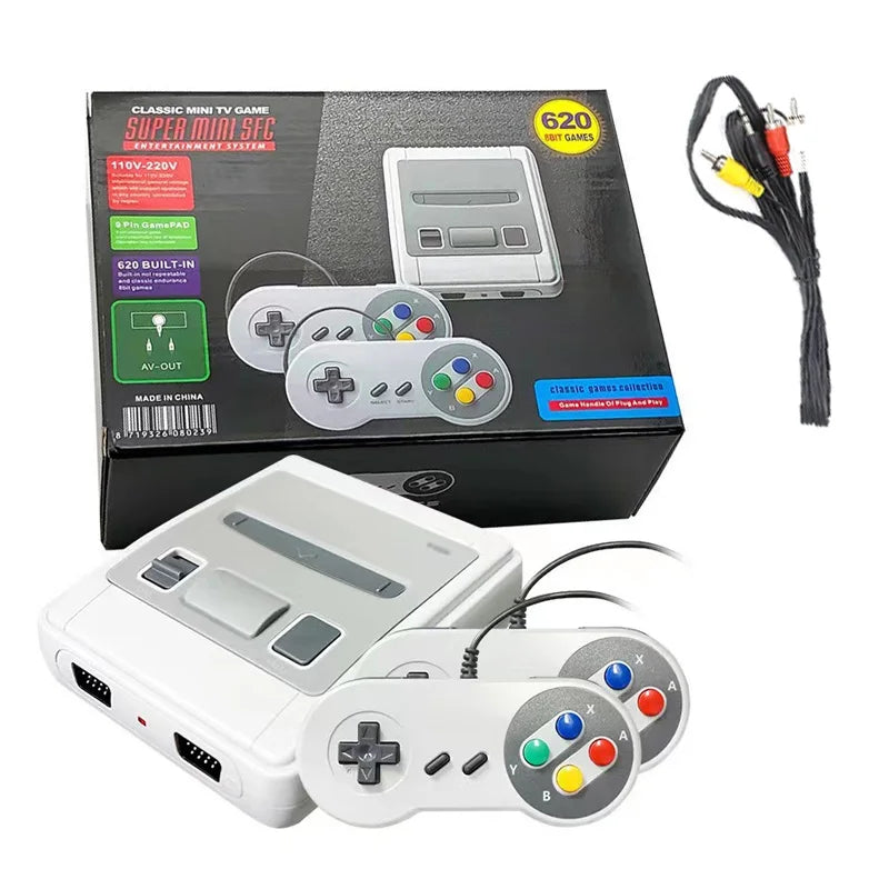 Consola retro blanca con mando cableado, caja del producto y accesorios