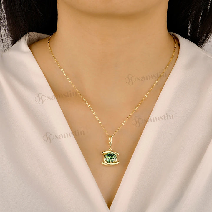 Collar Samstin con Moissanita Ovalada Cian de 5CT para Mujer, Collar de Oro Amarillo Sólido de 14K 10K 585 para Regalo de Navidad, Cadena Personalizada