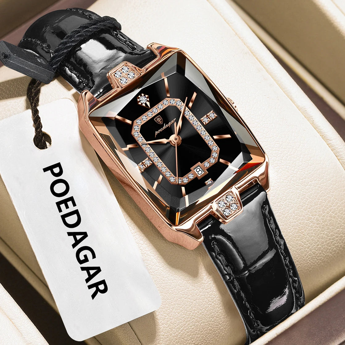 Reloj de pulsera para mujer POEDAGAR de alta calidad, resistente al agua, con fecha, correa de piel, reloj de cuarzo de lujo, rectangular para mujer