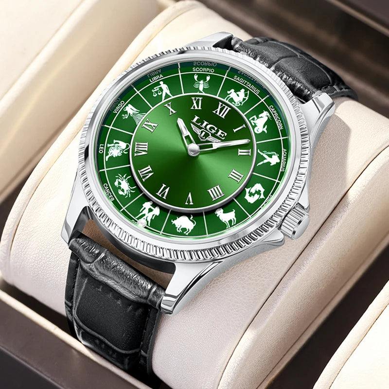 LIGE Zodiac Men Watch Top Brand Luxury Leather Roman Numeral Quartz Watch Men Fashion Business Luminous Wristwatch Gift for Men