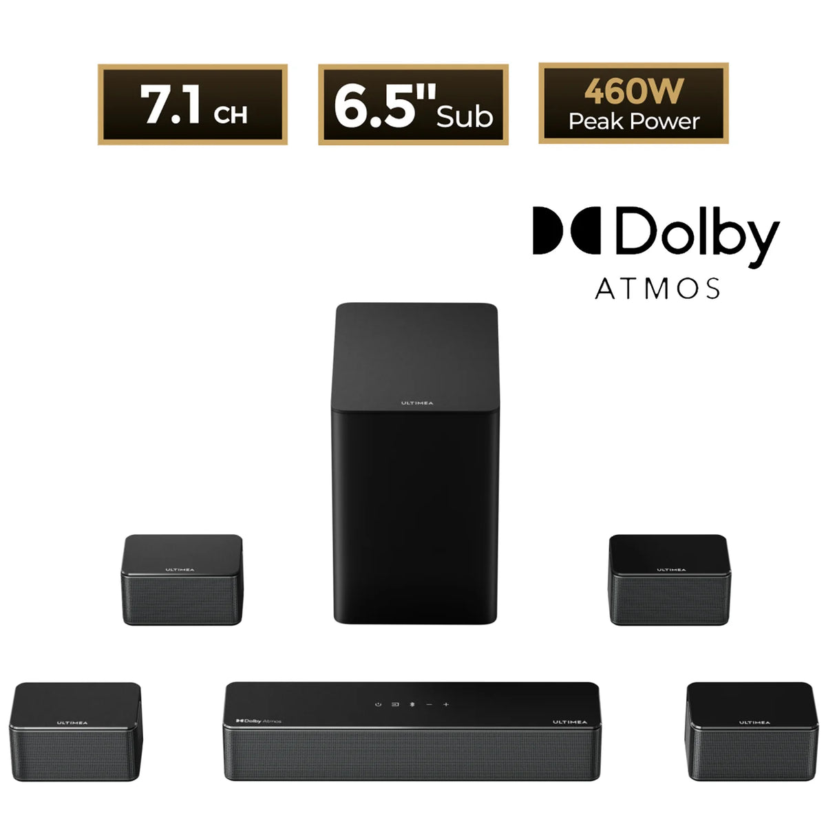 Set 7.1: barra de sonido, subwoofer y 4 altavoces satélite negros
