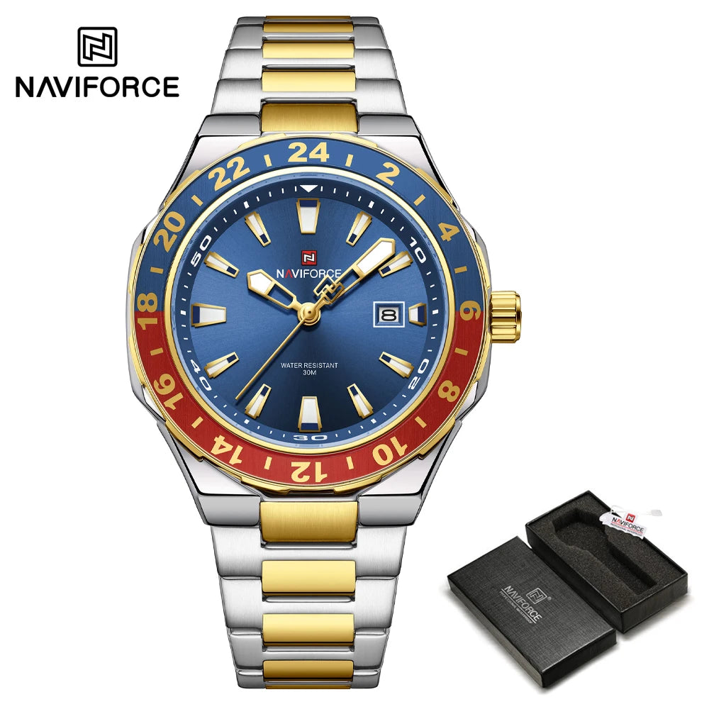 NAVIFORCE 2025 Nuevo Reloj para Hombre Estilo Negocios Clásico Reloj de Pulsera de Cuarzo de Lujo Azul y Dorado Acero Inoxidable Masculino