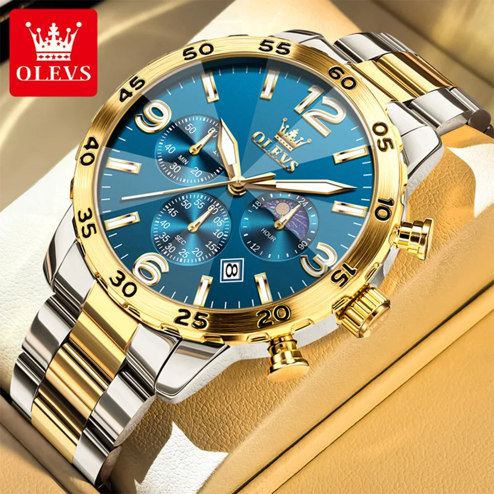 Reloj para hombre OLEVS 3678, reloj de cuarzo original de acero inoxidable, impermeable, luminoso, con fase lunar y calendario automático, regalo para hombre