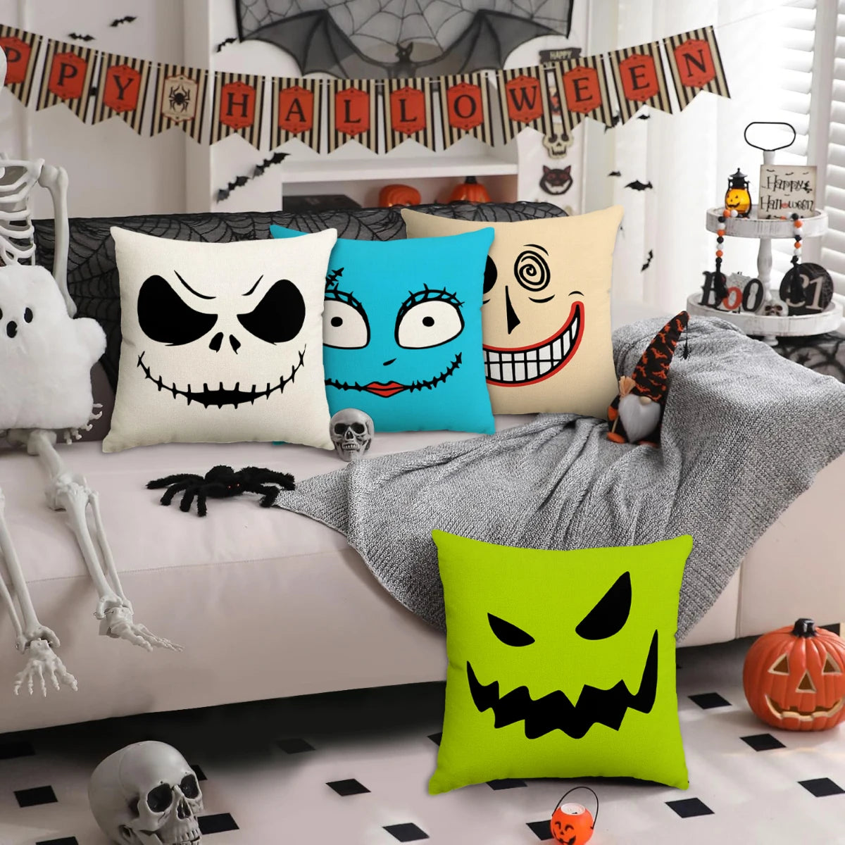 1 ud./4 Uds. Funda de almohada de Halloween, expresiones de terror de Halloween, decoración del hogar, funda de cojín para sofá y sala de estar