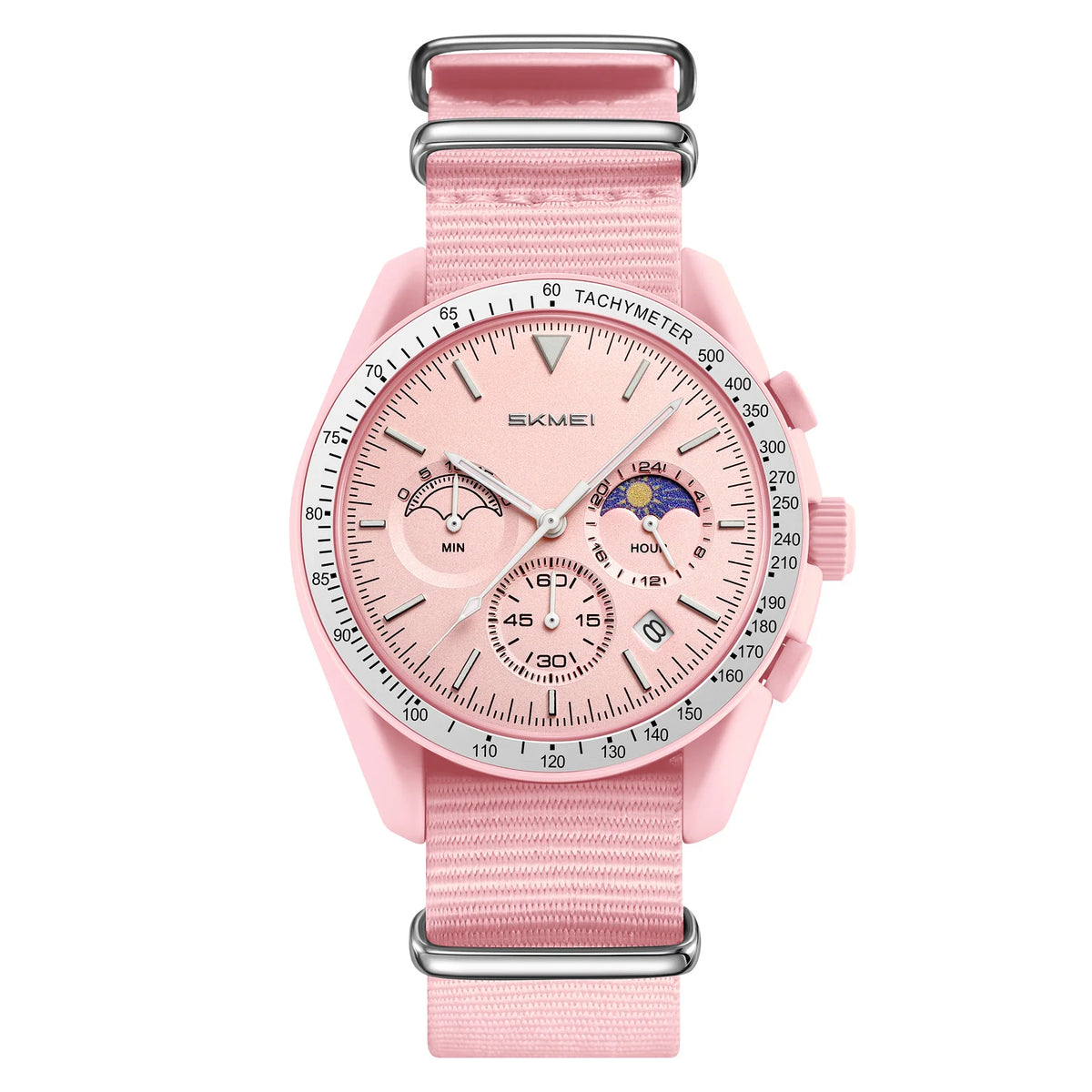 Reloj de cuarzo unisex SKMEI redondo con correa de nailon, fase lunar, cronógrafo, taquímetro, fecha, reloj de pulsera ligero para hombre y mujer 9392