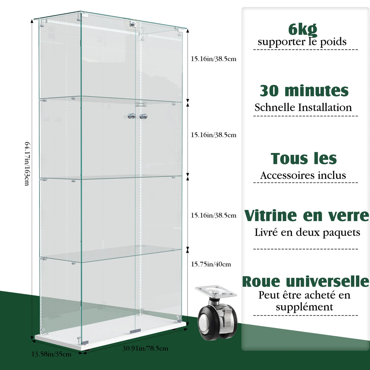 Vitrina en blanco, vitrina de cristal de 4 niveles con luz LED, cerradura y cristal templado, para salón, dormitorio