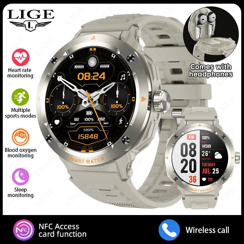 LIGE New 2 In 1 Smart Watch with Headphones Full Touch Screen TWS Bluetooth Earphones NFC Heart Rate Health Monitor Smartwatches