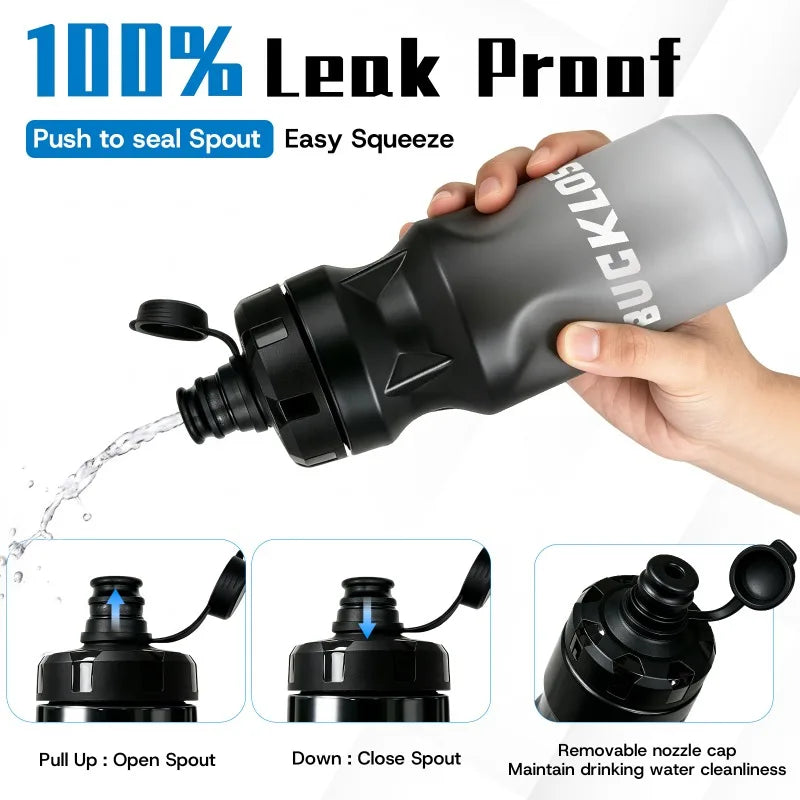 Botella de agua para bicicleta BUCKLOS de 610 ml, sin BPA, ideal para ciclismo y deportes, con tapa antipolvo y diseño a prueba de fugas, perfecta para bicicletas de carretera.