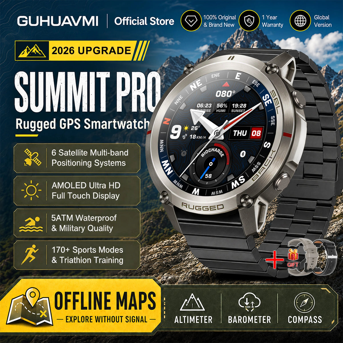 Reloj Inteligente GPS con Mapa Satelital Militar 2026, para Hombre, Pantalla AMOLED de 1.43'', Llamadas Bluetooth, Brújula, Resistente al Agua 5ATM, 170+ Deportes