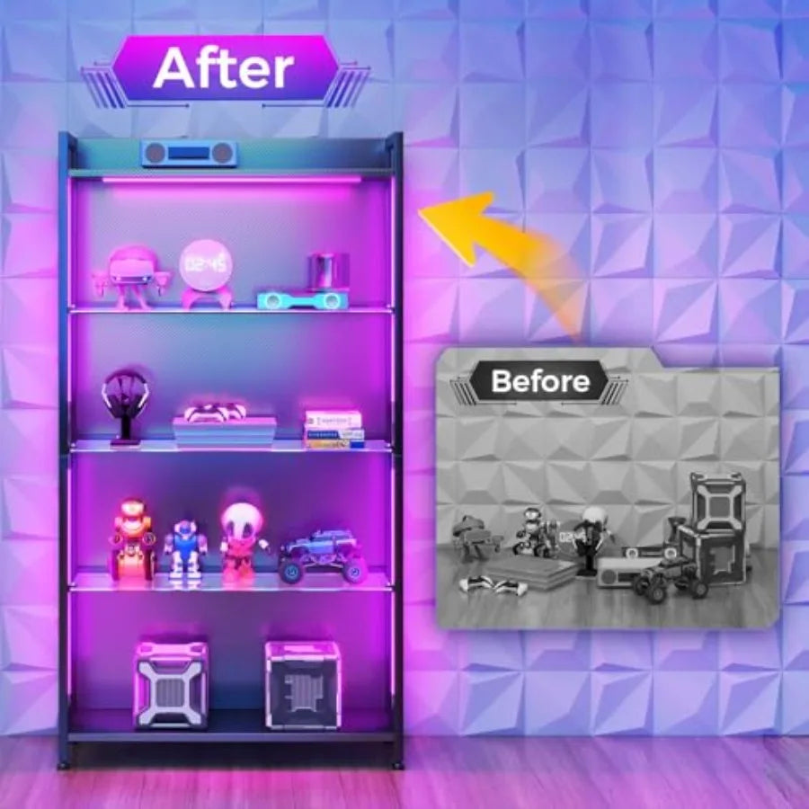 Vitrina negra de 4 niveles con estantes de vidrio e iluminación LED morada, con accesorios