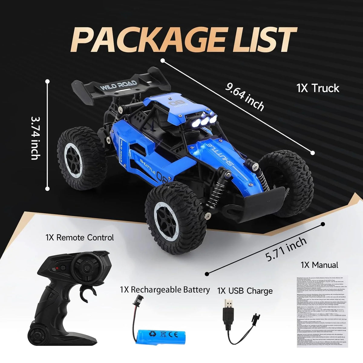 Monster truck a control remoto a escala 1:16, coche RC todoterreno de alta velocidad de 20 km/h con luces LED, regalo duradero para adultos y niños, listo para usar