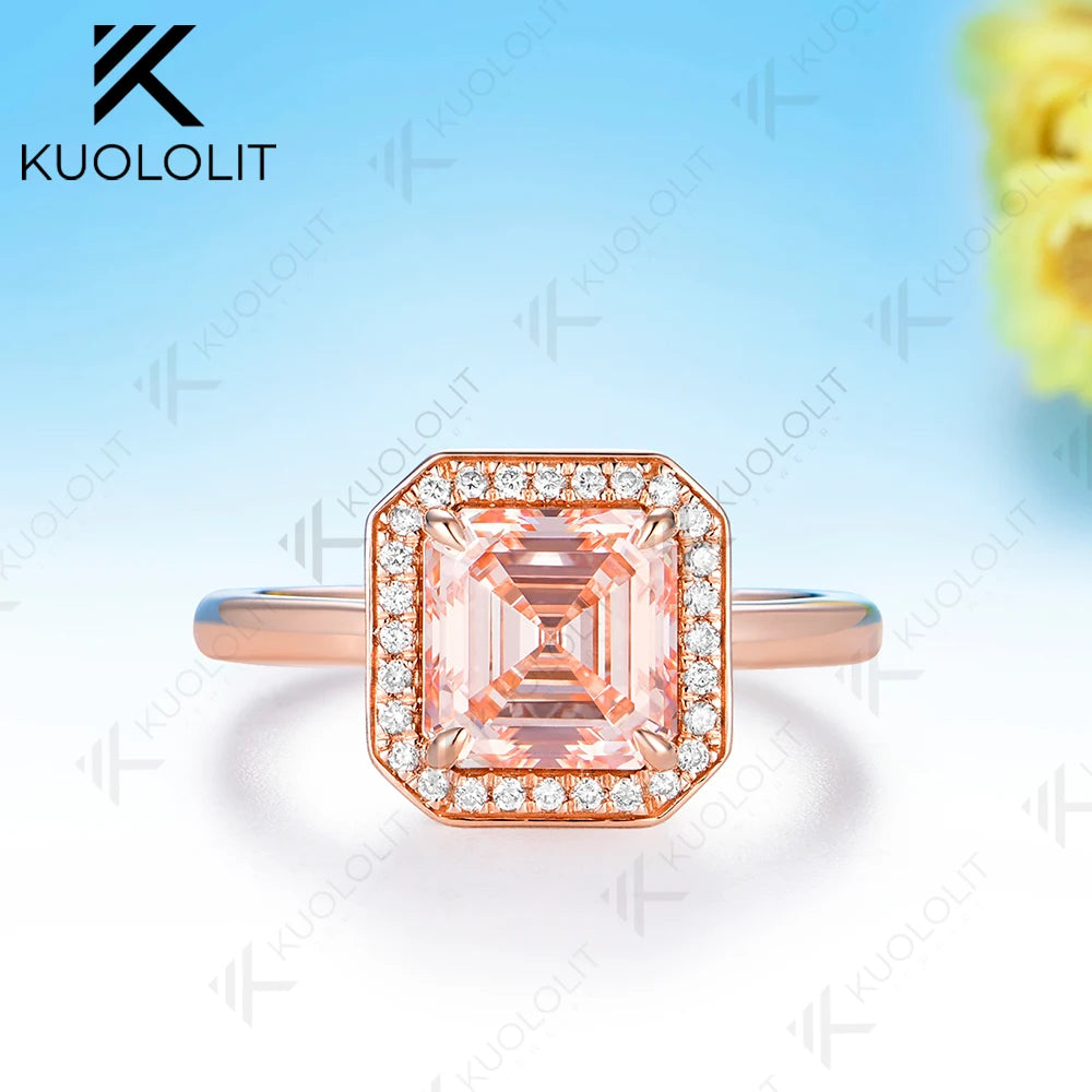 Anillo de Diamantes de Laboratorio Rosa Fantasía IGI de 2.5CT Kuololit para Mujer, Anillo de Eternidad Asscher de Oro Amarillo Sólido de 14K para Compromiso y Navidad