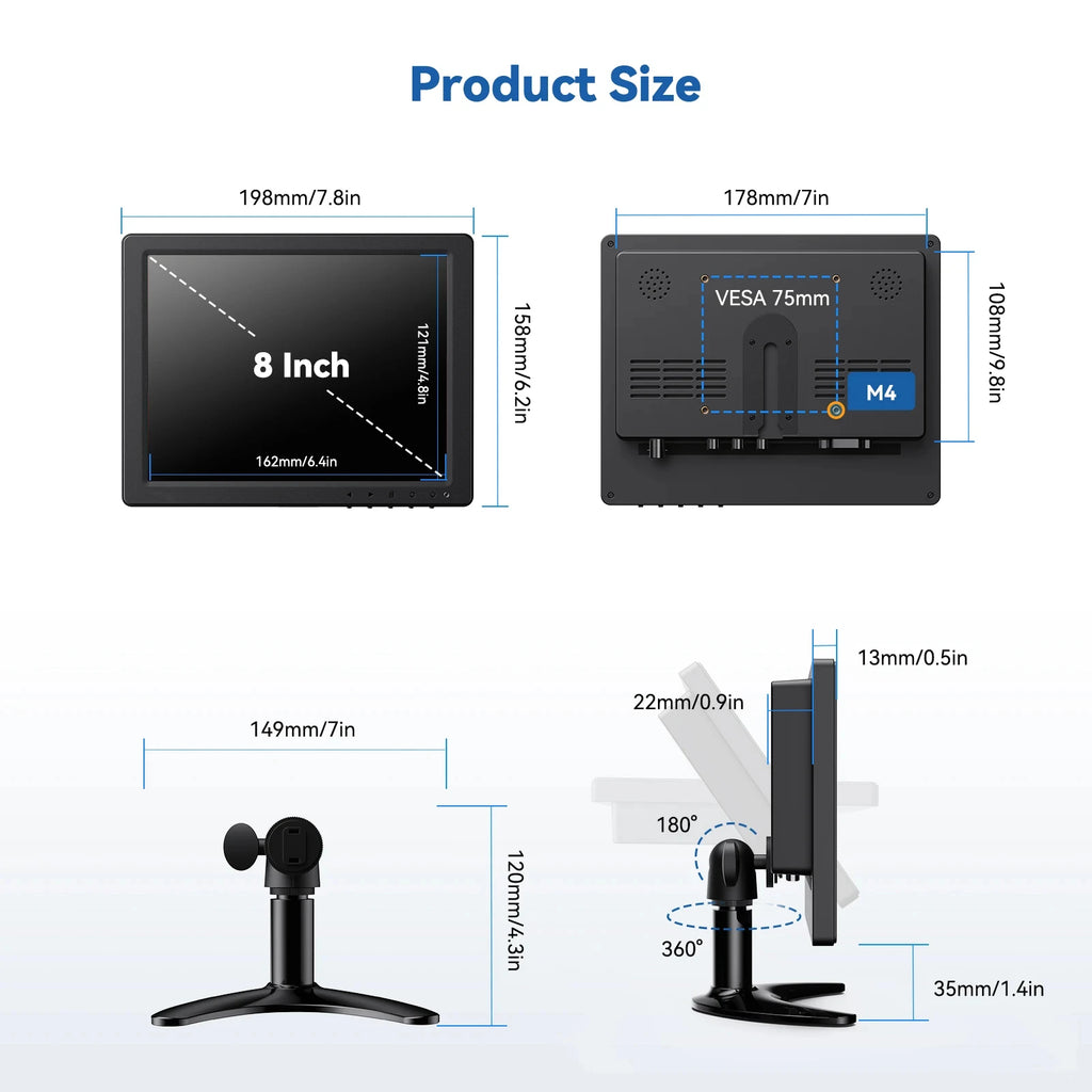 Monitor de escritorio pequeño Eyoyo de 8 pulgadas (1024 × 768) con función de giro de imagen; monitor de seguridad para cámaras de CCTV; pantalla LCD para montaje en pared con puertos HDMI, VGA, BNC, AV y USB