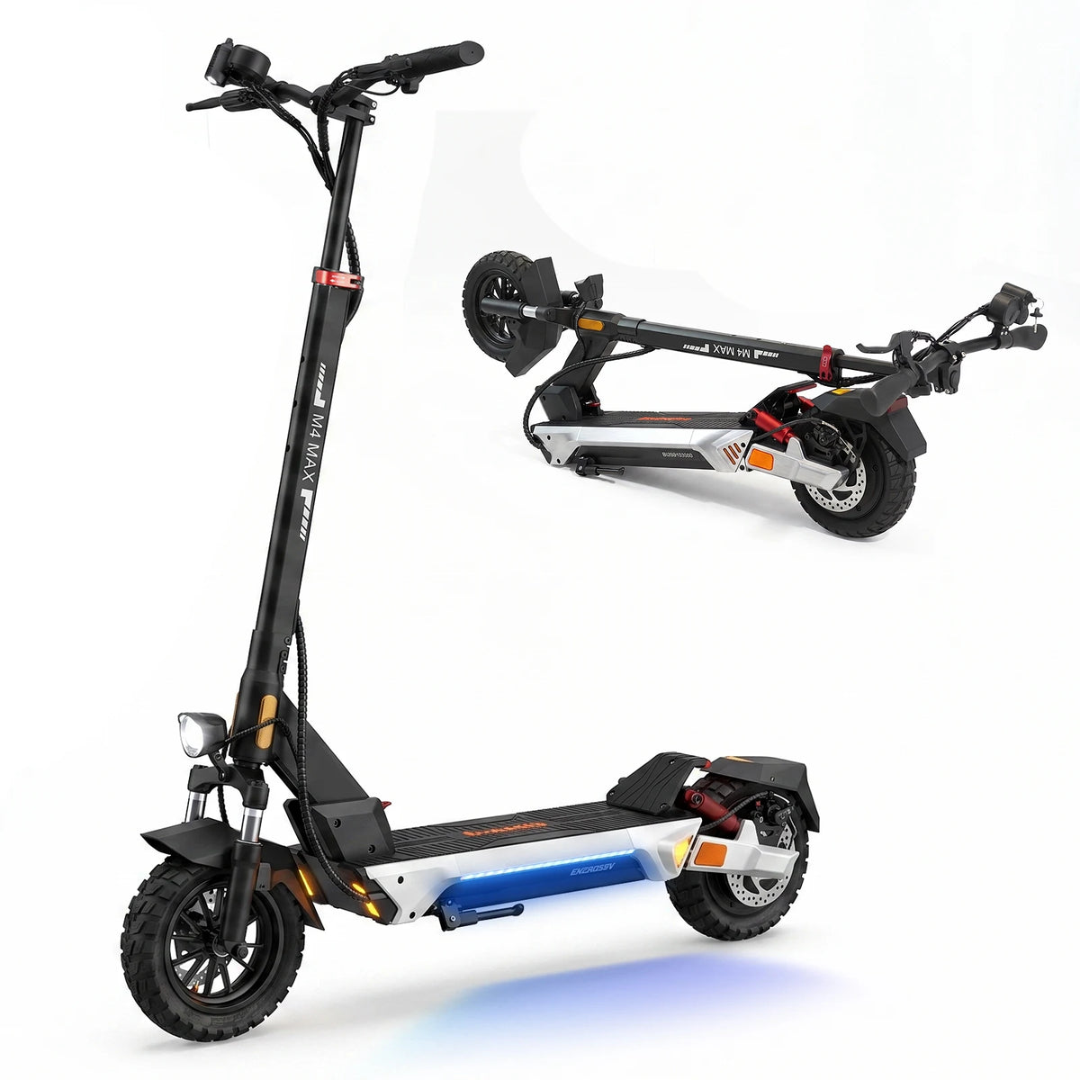 Patinete eléctrico plegable azul y negro con rueda delantera y trasera de 10"