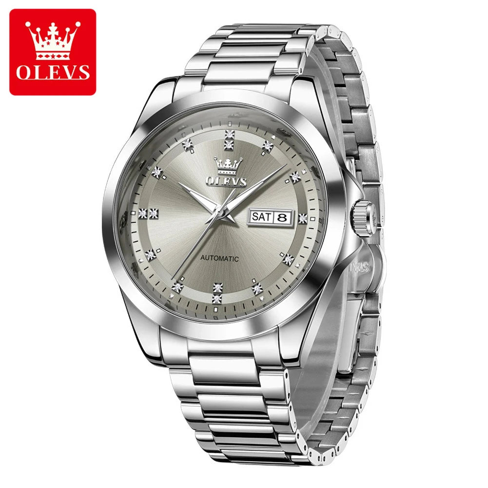Relojes mecánicos de lujo OLEVS para hombre, reloj de pulsera automático con calendario doble, resistente al agua, luminoso, de acero inoxidable 7136