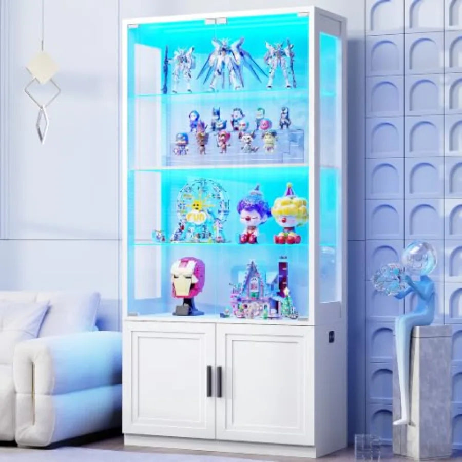 Gabinete vitrína de marco oscuro con puertas de vidrio y luz LED azul en estantes