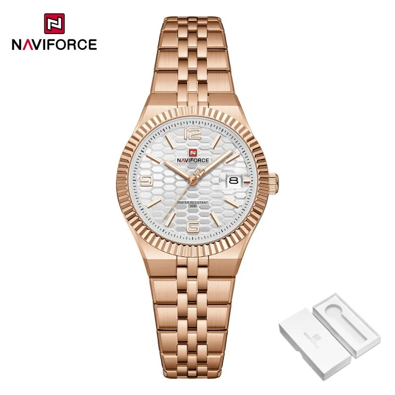 Reloj de mujer NAVIFORCE NF5079 de cuarzo, deportivo, resistente al agua, de alta calidad, con correa de acero, romántico, para dama