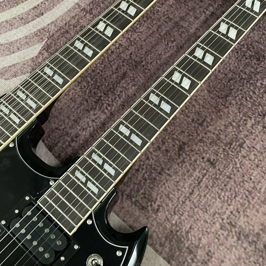 Guitarra Eléctrica SG Negra de Doble Mástil, 20 Trastes, Personalizada, 12+6 Cuerdas, Acabado Brillante, Envío Rápido