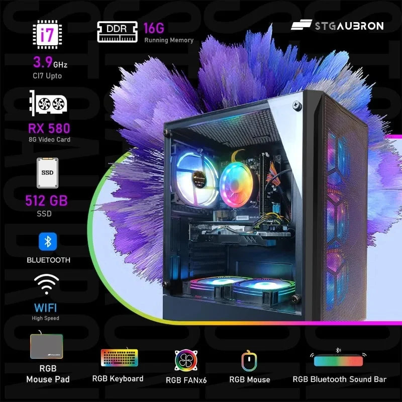 Computadora de Escritorio para Juegos, Core I7 hasta 3.9 GHz, Radeon RX 580 8G, 16G RAM, 512G SSD, WiFi, Bluetooth 5.0, RGB