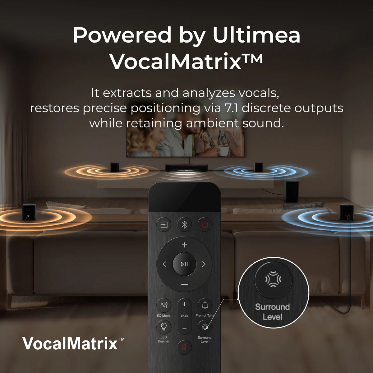 Barra de sonido con mando y VocalMatrix; subwoofer y satélites 7.1