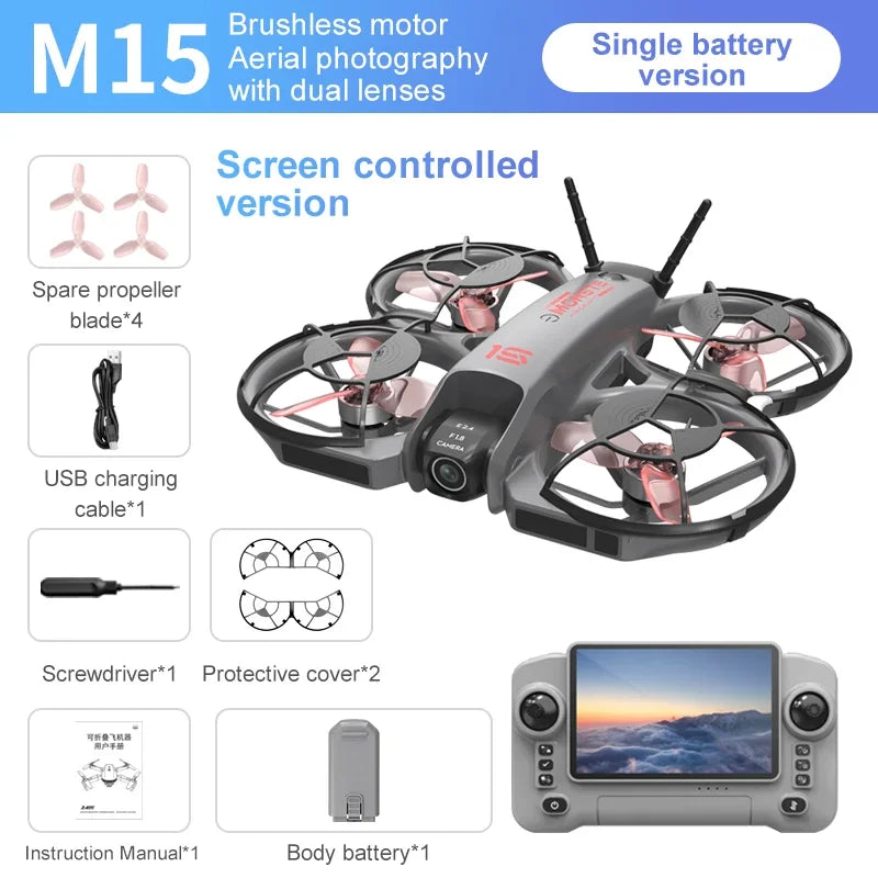 Drones M15 con Cámara HD 4K, Fotografía Profesional, Pantalla, Control Remoto, Ajuste Eléctrico, Quadcopter Plegable, Helicóptero RC, Ideal para Regalo