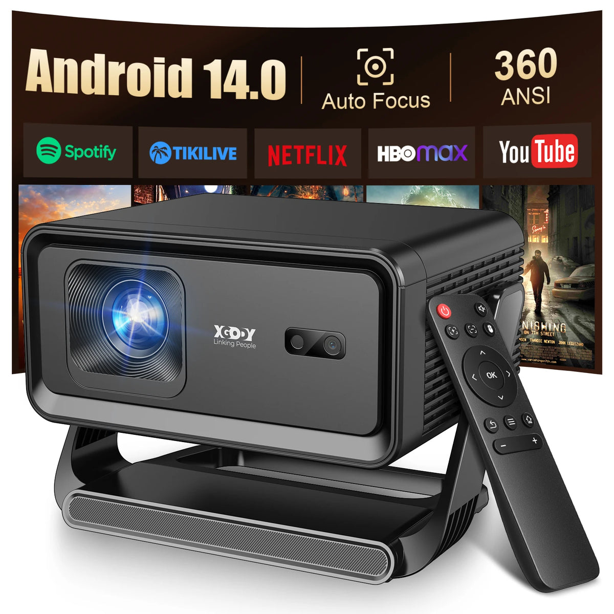 Proyector XGODY Gimbal A1 con Autoenfoque, Android 14, 8K/4K, Tiro Corto, 360ANSI, 720P Nativo, 1+16GB, Wifi6, BT5.4, 8G, Allwinner H726, Portátil para Exteriores