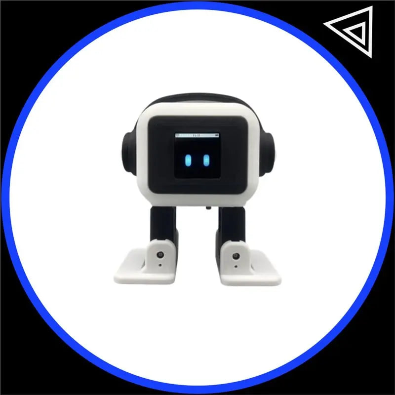 Robot negro y blanco con pantalla azul y base doble, diseño compacto