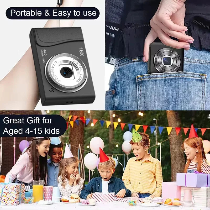 Cámara Digital 4K de 24 Millones de Píxeles, Videocámara Infantil con Zoom 16x, Cámaras Compactas con Enfoque Automático para Niños, Adultos y Principiantes en Fotografía