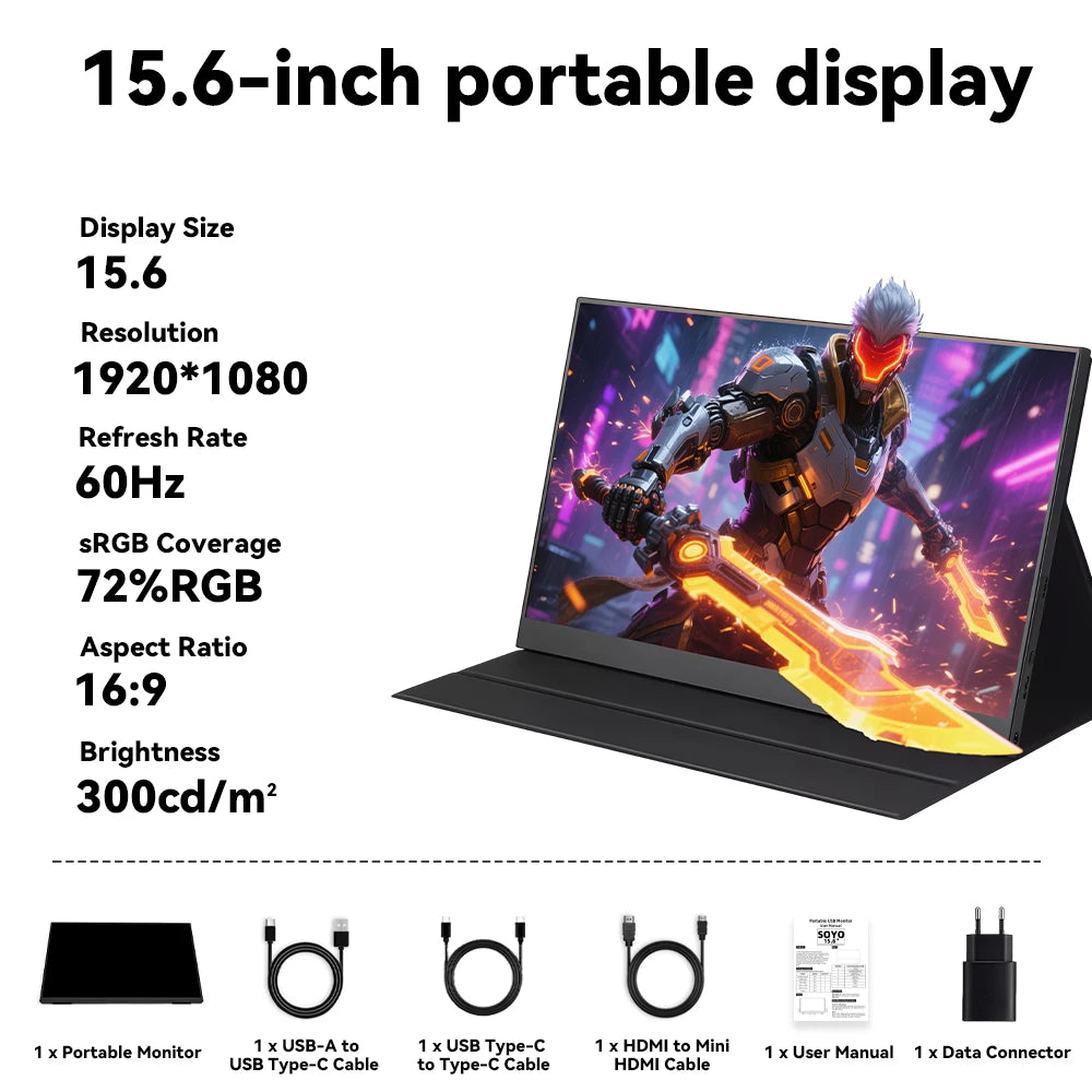 Monitor portátil SOYO SY15FN60, pantalla LCD FHD de 15.6 pulgadas 1080P 60Hz, 72% sRGB, pantalla externa de 300cd/m² para laptop, Xbox, PS5, Switch, TV box, teléfono celular y PC; monitor portátil de viaje con conexión p