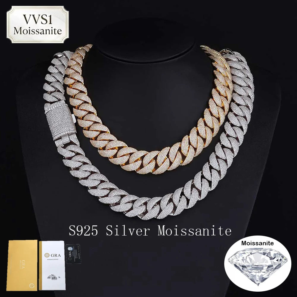 Collar de Eslabones Cubanos de Plata de Ley 925 con Incrustaciones de 5 Filas de Moissanita VVS1 de 22mm de Grosor, Estilo Iced Out, para Hombre
