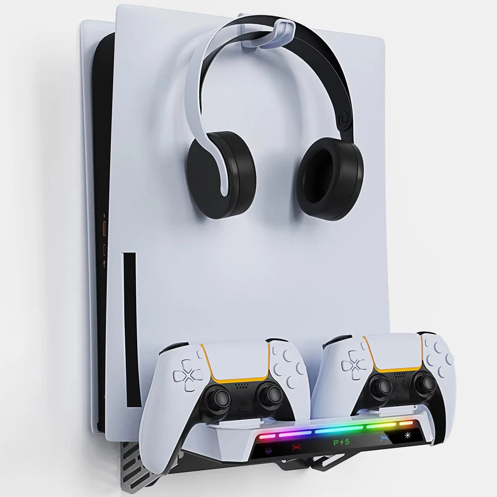 Kit de montaje en pared para consola PS5/Pro/Slim con estación de carga de luz RGB y soporte para auriculares para accesorios de doble mando PS5