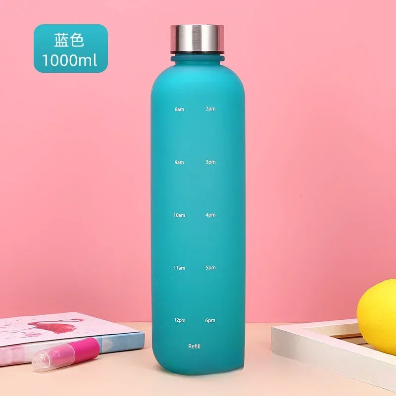 Nueva botella de agua de 1L con sello de tiempo, sin BPA, reutilizable, para deportes de Fitness, viajes al aire libre, taza de agua a prueba de fugas, hervidor esmerilado