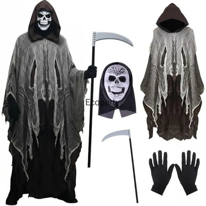 Horror Grim Reaper Costume Set Adult Halloween Ghost Dementors Cosplay Hooded Cloak with Mask Glovs for Day of The Dead Party