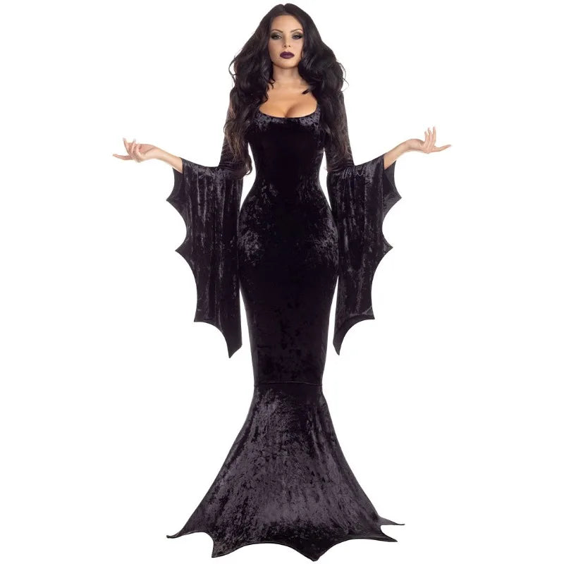 Witchy-Disfraz de Morticia Addams vestido de tren largo traje oscuro de Terror para Halloween bata gótica manga de murciélago Horror para adultos