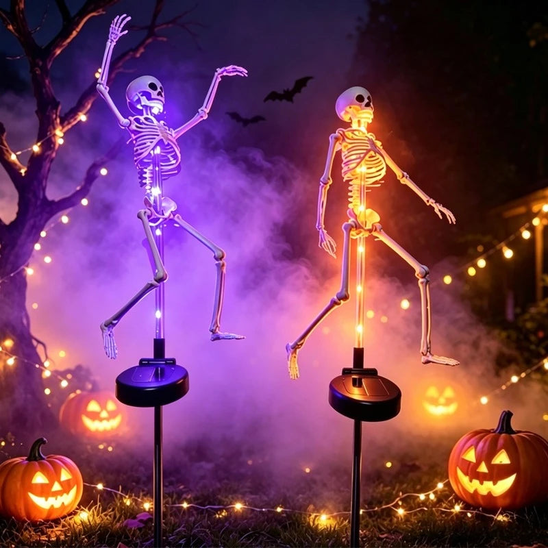 1 pieza, esqueleto solar brillante para jardín, impermeable, para exteriores, estaca LED morada y naranja, decoración de terror para fiestas de Halloween, senderos y patios