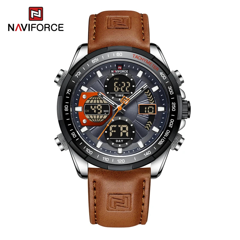 Relojes deportivos NAVIFORCE 2022 para hombre, resistentes, luminosos, de doble pantalla, cuarzo impermeable, correa de cuero genuino, Relogio Masculino