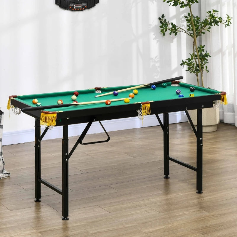 Mesa de billar de altura ajustable 140x63x55-75 cm (se pliega a 145x63x14 cm), incluye 2 tacos, bolas, triángulo, cepillo y tiza, para sala de juegos familiar