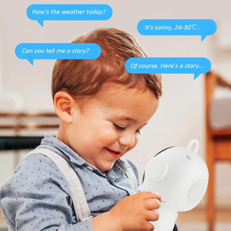 Robot asistente de voz blanco con luces azules, junto a un niño que lo toca