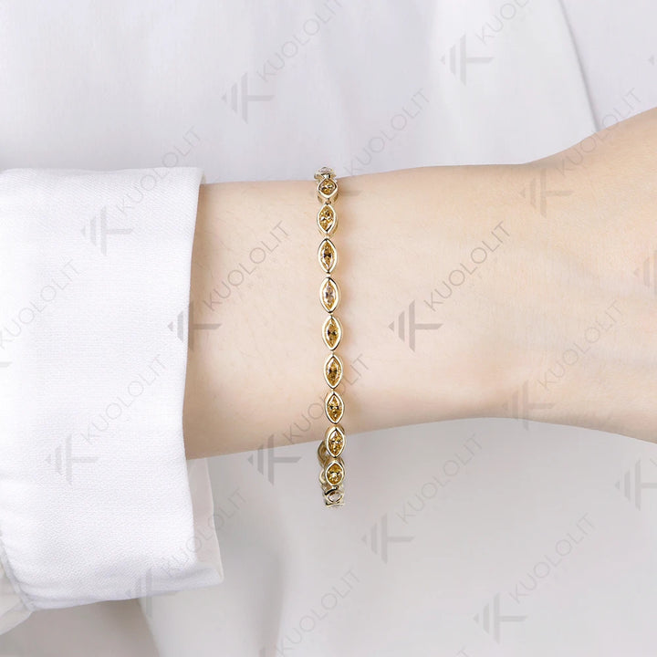 Pulsera Kuololit de Moissanita Champagne de 7.2CTW para Mujer, Oro Amarillo Sólido de 14K/10K, Corte Marquesa, para Regalos de Lujo en Fiestas Navideñas