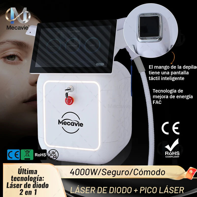 Máquina Láser Diodo + Pico 2 en 1 Mecavie – Tecnología FAC Lens con Enfriamiento de Punto Frío de 4 Longitudes de Onda – Depilación Indolora y Eliminación de Tatuajes para Todos los Tonos de Piel – 755/808/940/106
