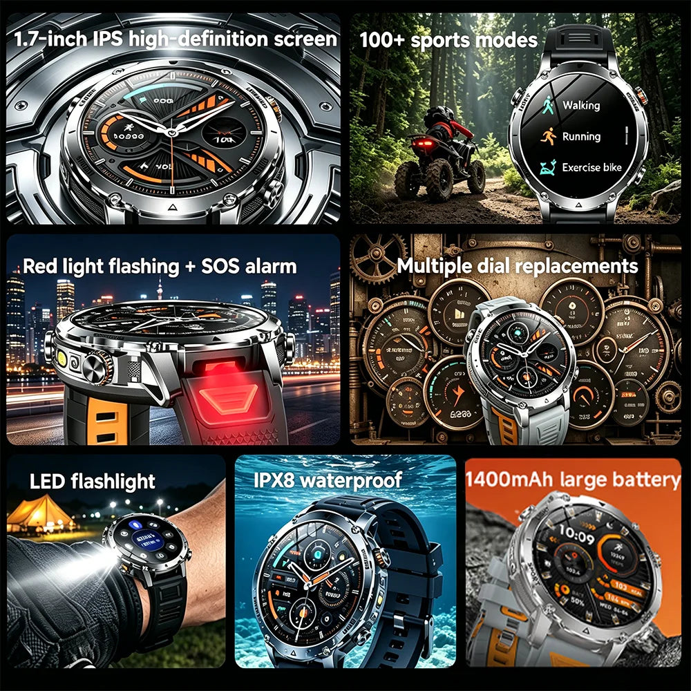 Reloj inteligente militar 2026, batería de 1400 mAh, linterna exterior para hombre, resistente al agua IPX8, más de 100 deportes, llamadas Bluetooth, pulsera de fitness