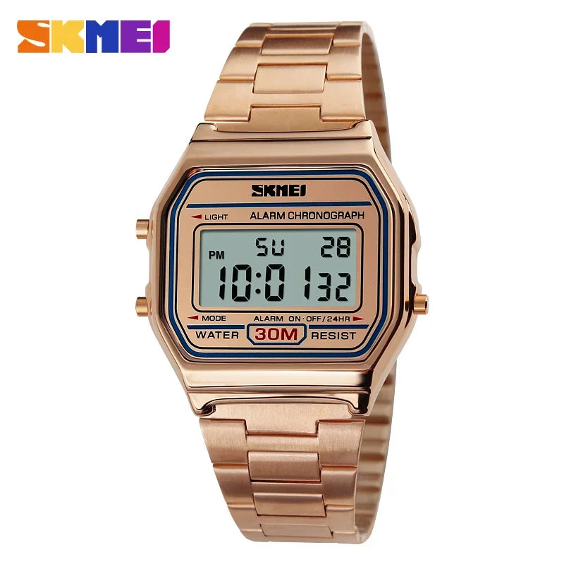 SKMEI 1123 Reloj deportivo digital retro de lujo para hombre, reloj de pulsera de acero inoxidable resistente al agua, reloj de acero 1328 Reloj Hombre