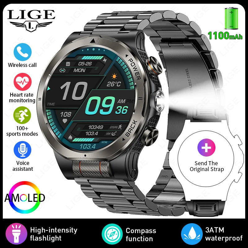 LIGE 2026 New 1100mAh Battery Smart Watch Waterproof Sports Tracker Health Monitoring Outdoor Compass Smartwatch With Flashlight