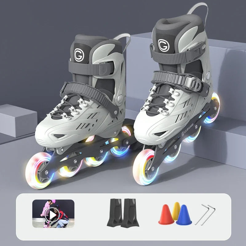Patines en línea con casco, protectores de codo y rodilla, bolsa para zapatos, juego de 4 ruedas con luces, zapatillas para niños y niñas, patines ajustables.