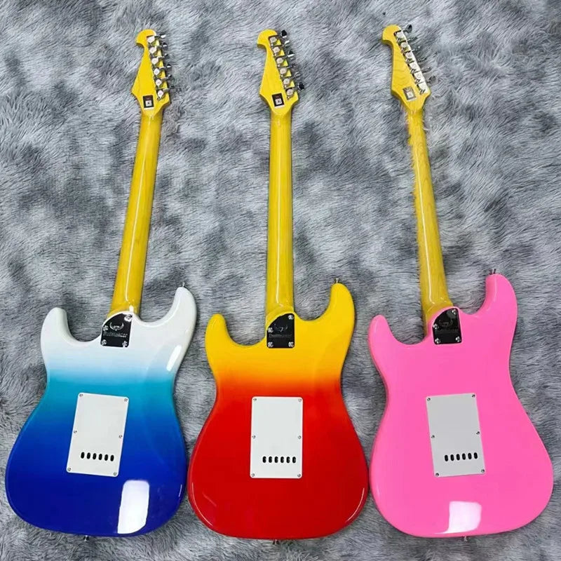 Guitarra Eléctrica Bullfighter Factory Azul Rosa Roja de 22 Trastes con Cuerpo de Álamo Sólido, Mástil de Arce, Cuerdas y Puente Cromado Vintage