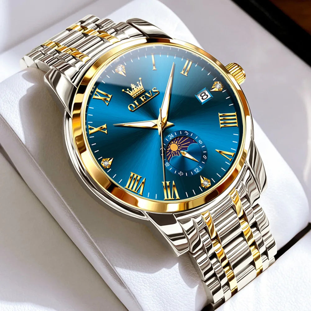 Reloj de hombre OLEVS 3656 de marca, reloj de cuarzo original a la moda para hombre, reloj de pulsera luminoso de acero inoxidable resistente al agua con fase lunar